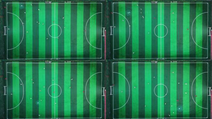 实拍足球比赛俯视角度带球的人有特效圈跟随