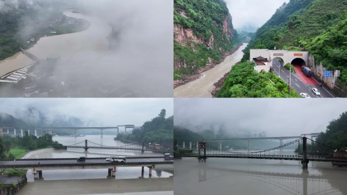 雾蒙蒙烟雨飞仙关峡谷河流上的桥梁景观