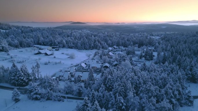 在晨空下飞越雪-covered的荒野景观。
