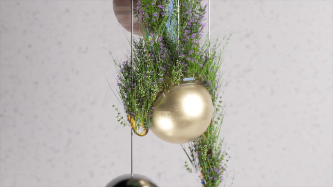 球形光球与郁郁葱葱的植物交织，在宁静的3D动画中流淌。