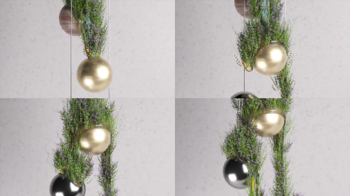 球形光球与郁郁葱葱的植物交织，在宁静的3D动画中流淌。