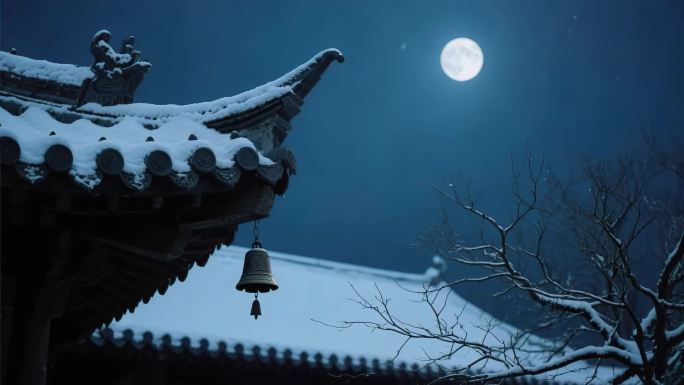 三款雪夜古建筑月色4K素材