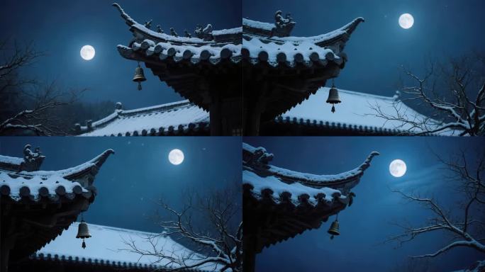 三款雪夜古建筑月色4K素材