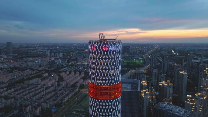 上海宝山长滩观光塔夜景黄昏晚霞火烧云航拍