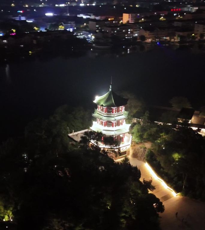 竖屏夜晚航拍公园城市道路夜景