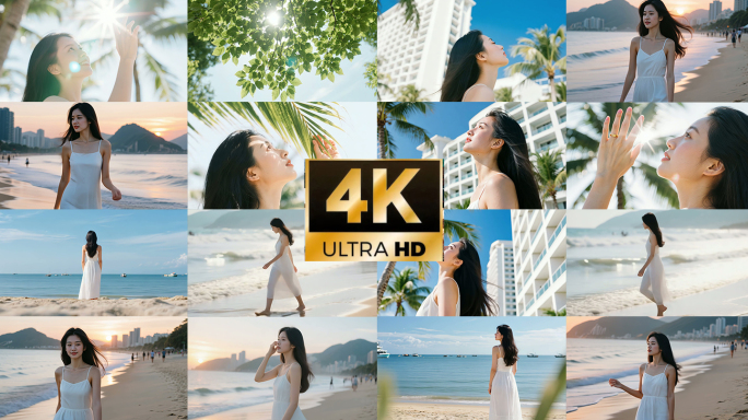 4K美女在海边沙滩度假