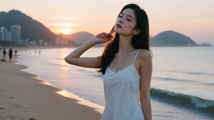 4K美女在海边沙滩度假