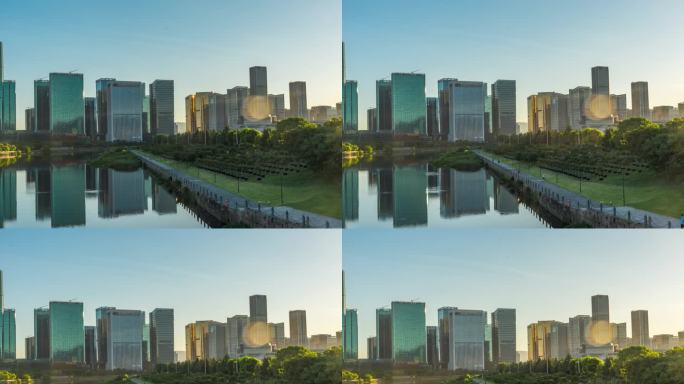 6k城市风光日出延时摄影世贸中心义乌