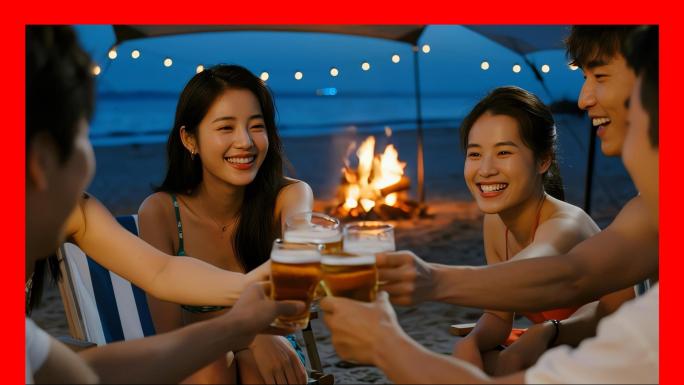 夏夜海边沙滩派对海滩烧烤美食啤酒开心快乐