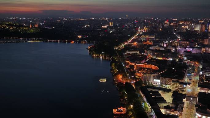 杭州西湖湖滨步行街夜景航拍