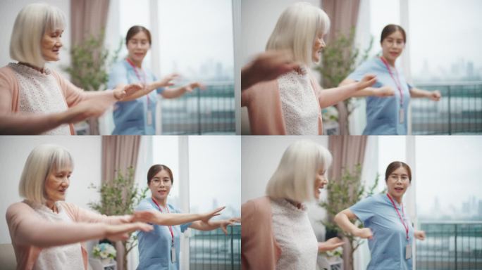 护士在家中帮助老年女性进行物理治疗。
