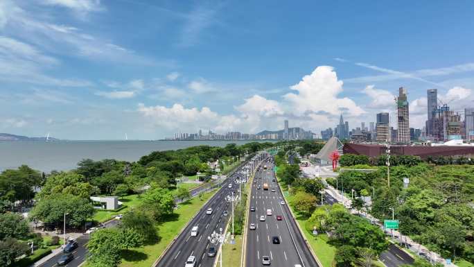 4K航拍深圳湾深圳交通滨海大道滨海城市