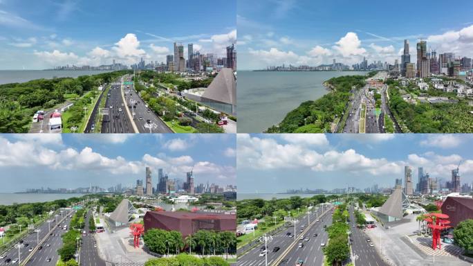 4K航拍深圳湾深圳交通滨海大道滨海城市