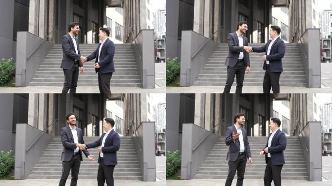 两位商人在现代办公大楼外握手，象征着成功的商业伙伴关系和团队合作。
