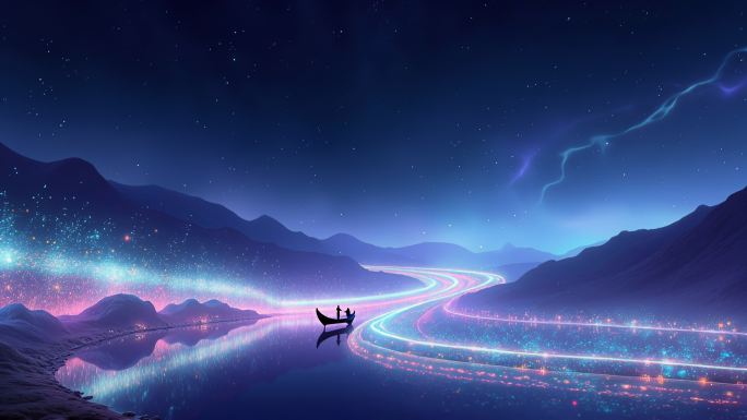 梦幻星光湖面夜景星河夜幕小船泛舟