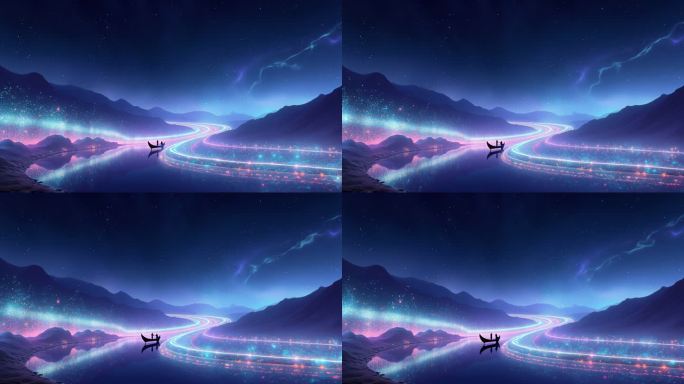 梦幻星光湖面夜景星河夜幕小船泛舟