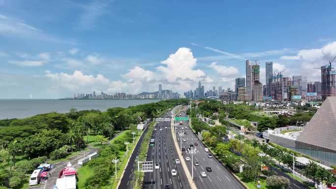 4K航拍深圳城市交通深圳湾滨海大道