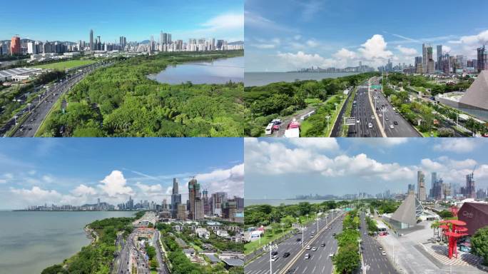 4K航拍深圳城市交通深圳湾滨海大道