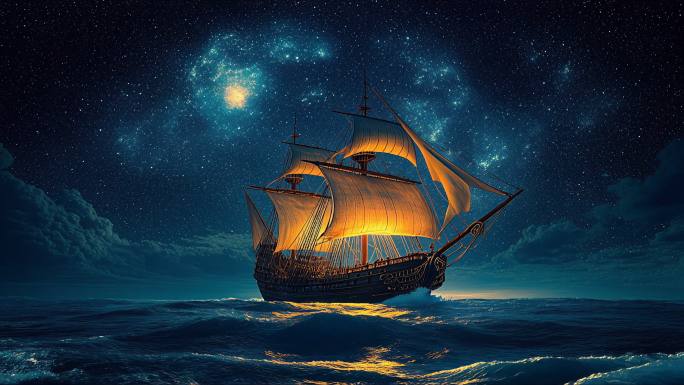 星辰大海扬帆起航星空下的古船航行