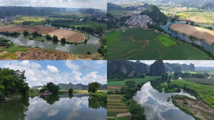 上林霞客桃源景区航拍素材田园风光清水河