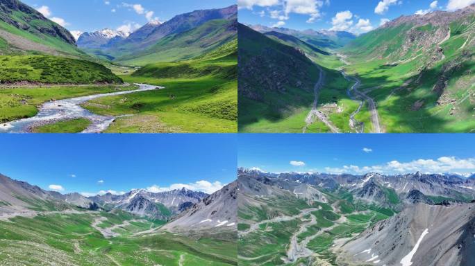 草原独库公路雪山绿色山谷自然景观
