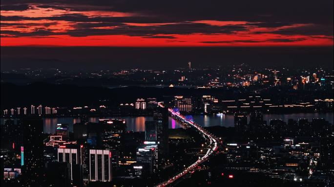 城市夜景车流如织 湘湖 白马湖钱江四季城