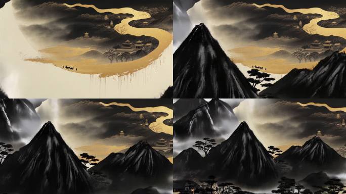 水墨山水意境金色山河国风