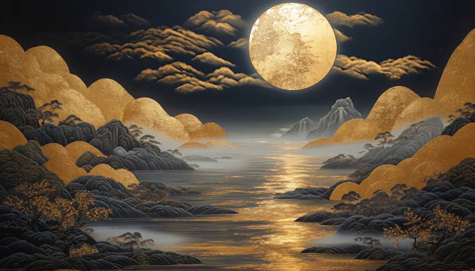 金色山峦月夜静谧水面倒影月色朦胧