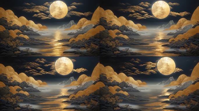 金色山峦月夜静谧水面倒影月色朦胧