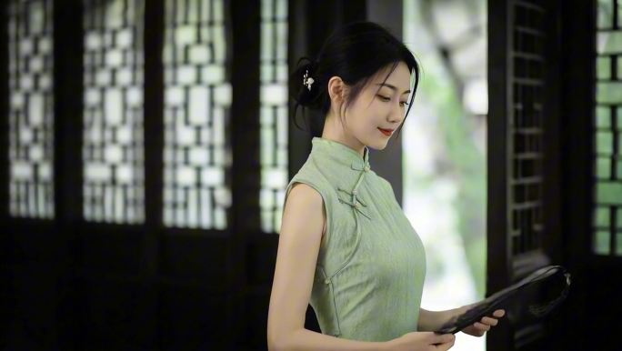 东方女性旗袍扇舞