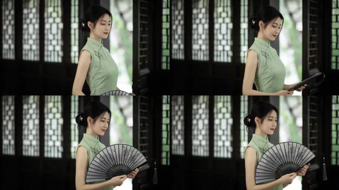 东方女性旗袍扇舞