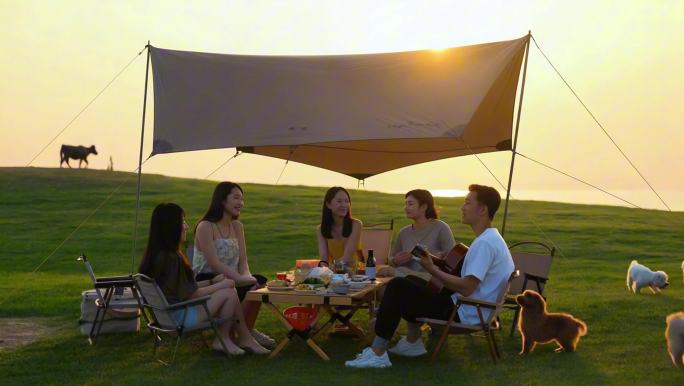 夕阳下的草地野餐
