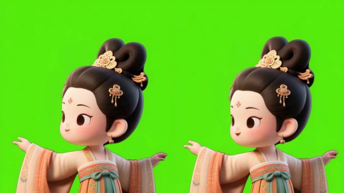 卡通古装人物跳舞数字人宫女唐朝绿幕素材