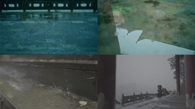 夏天雨季大雨中中式建筑氛围