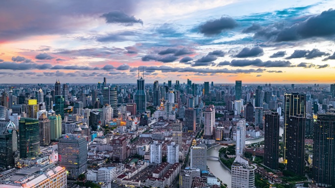 上海浦西城市天际线日落景观