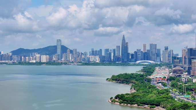 4K航拍深圳湾南山区滨海城市风光