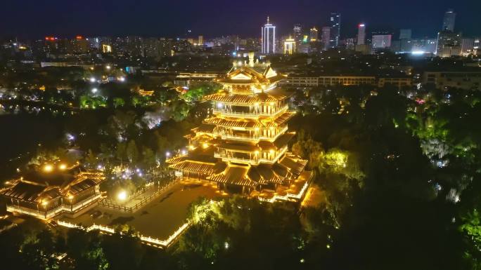 济南市大明湖夜景航拍