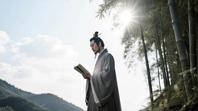 竹林下的古风男子读书