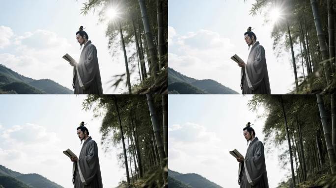 竹林下的古风男子读书