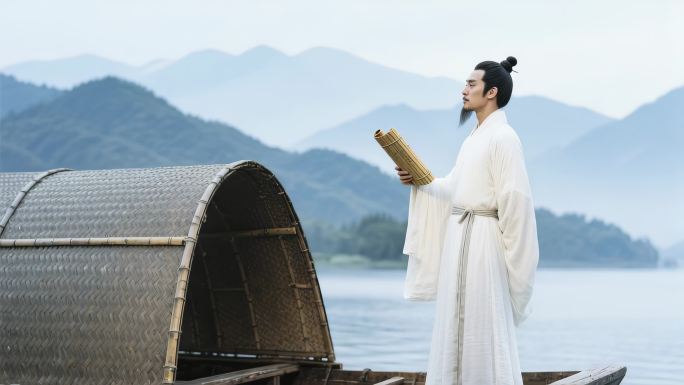 古风男子泛舟读书