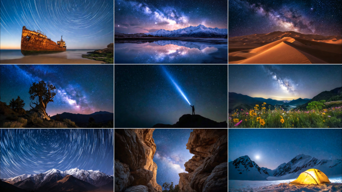 星空延时星轨银河星空雪山沙漠唯美夜空大气