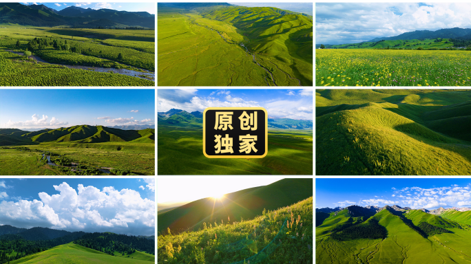 高山草原绿色山丘阳光森林河谷溪流自然风光