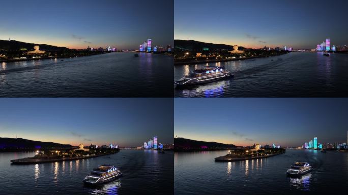 长沙橘子洲头游船夜景航拍