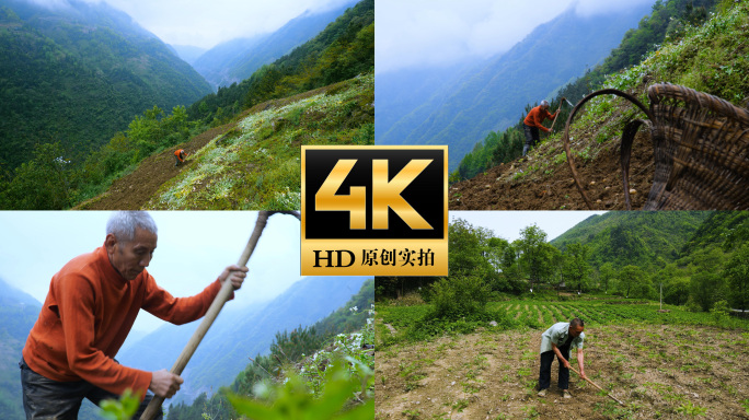 老家农村老父亲形象大山里农民劳动挖地耕作