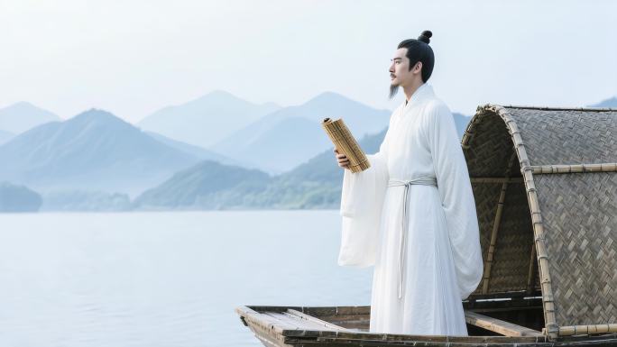 古风男子泛舟湖上