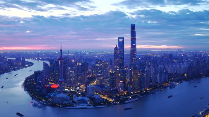 上海城市天际线夜景航拍日转夜延时