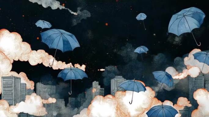 城市上空的漂浮雨伞