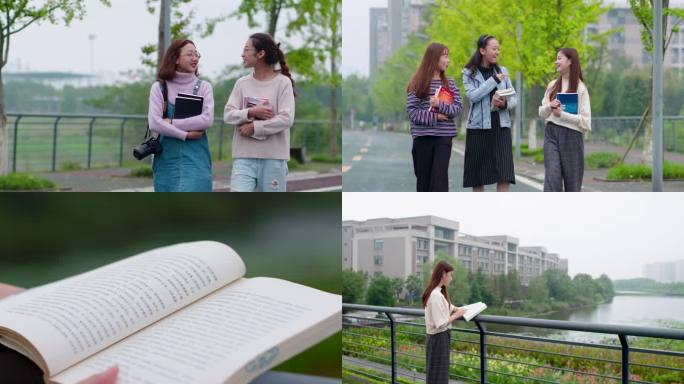 学生在校园散步看书