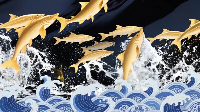 水墨风鲤鱼逐浪国潮风吉祥纹鱼群