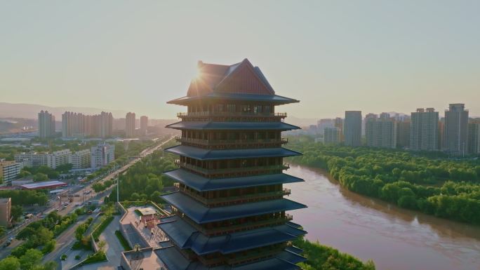 4k黄河楼航拍夕阳光影兰州地标